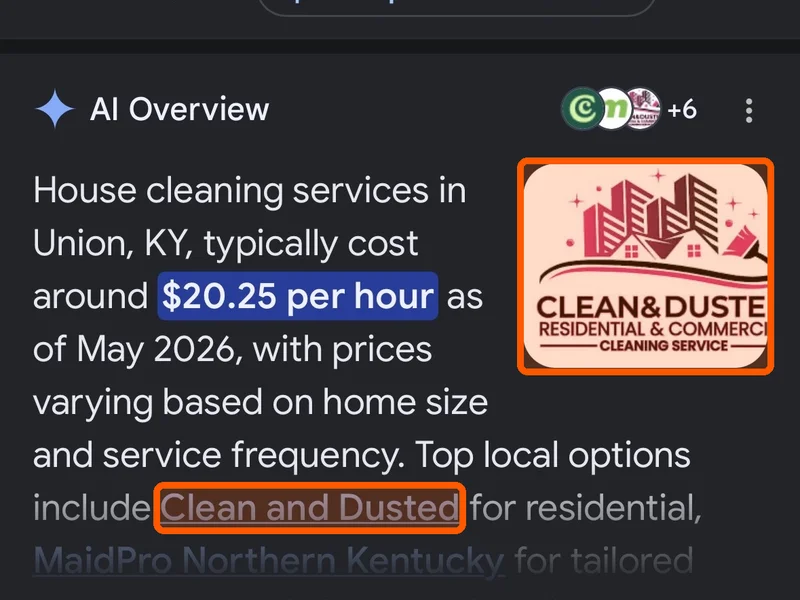 Google AI Overview naming Clean & Dusted for house cleaning in Union, KY