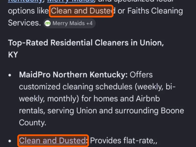 Google AI search listing Clean & Dusted among top-rated cleaners in Union, KY
