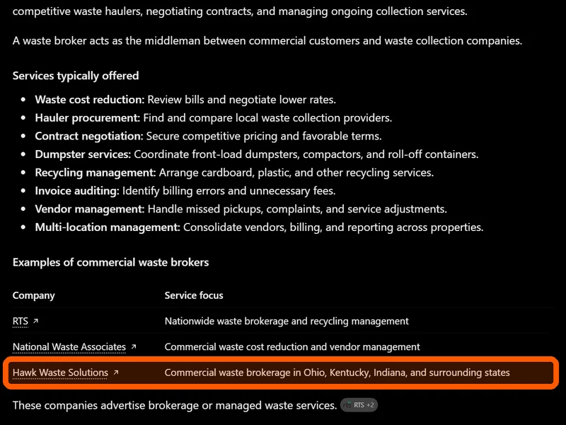 ChatGPT listing Hawk Waste Solutions with RTS and National Waste Associates for commercial waste broker services
