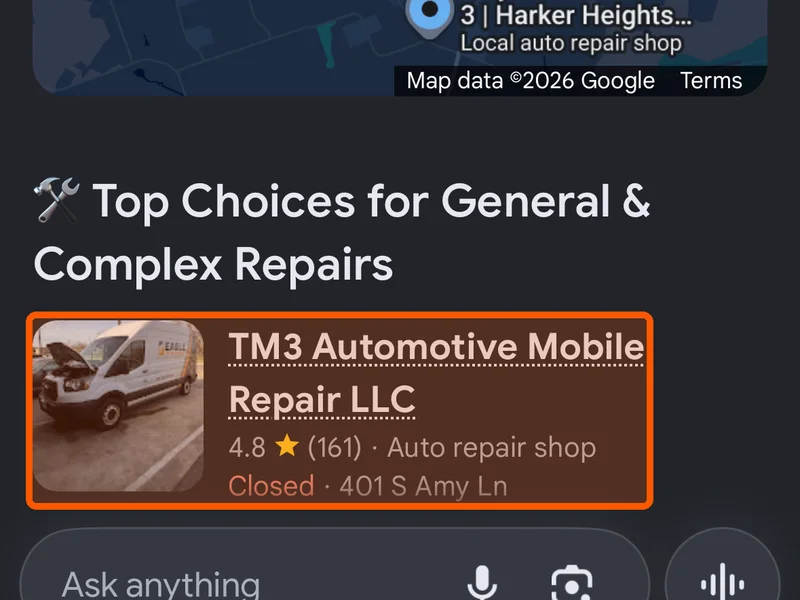 AI search on a phone listing TM3 Automotive first for mechanic in Harker Heights