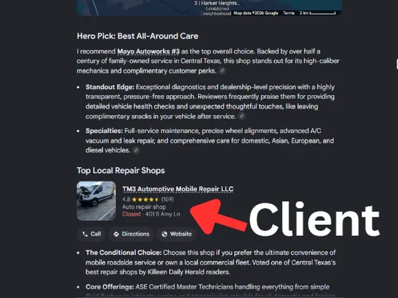 Google AI Mode listing TM3 Automotive under top local repair shops in Harker Heights