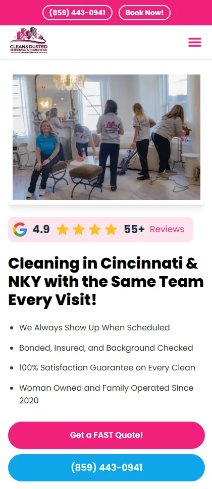 Clean & Dusted website on a phone