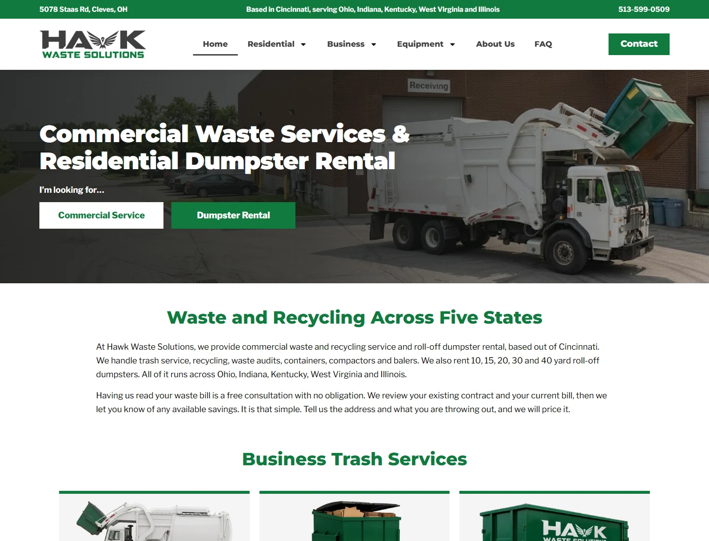 Hawk Waste Solutions website on desktop