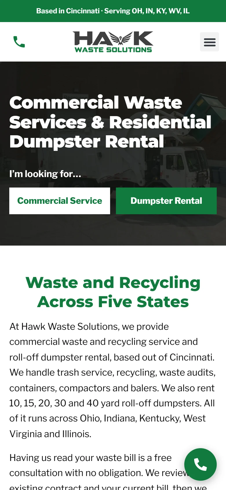 Hawk Waste Solutions website on a phone
